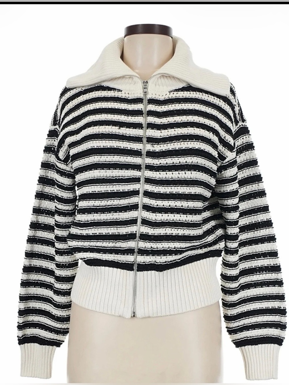 Ann Taylor Black & White Striped Zip-Front Knit Bomber